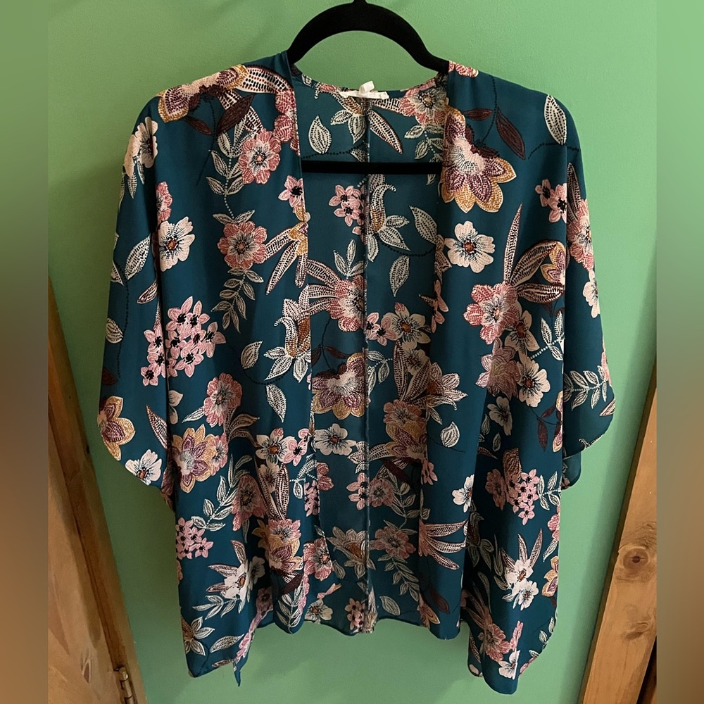 Teal floral flowy cardigan coverup